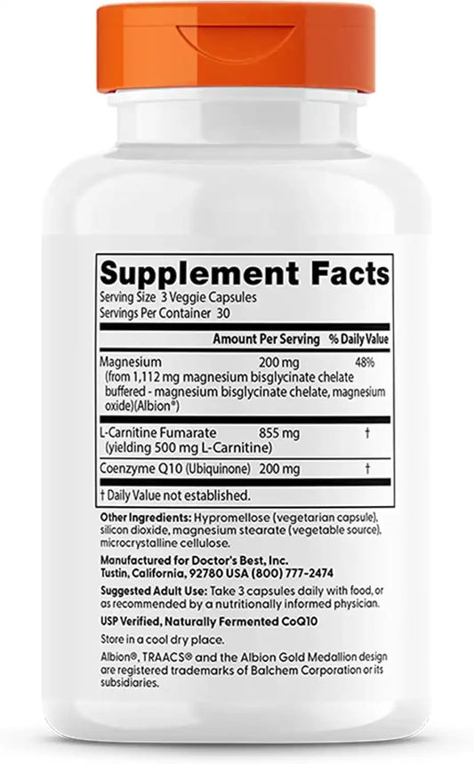 Doctor's Best CoQ10 L-Carnitine Magnesium Supplement, Soy Free, 90 Veg Caps