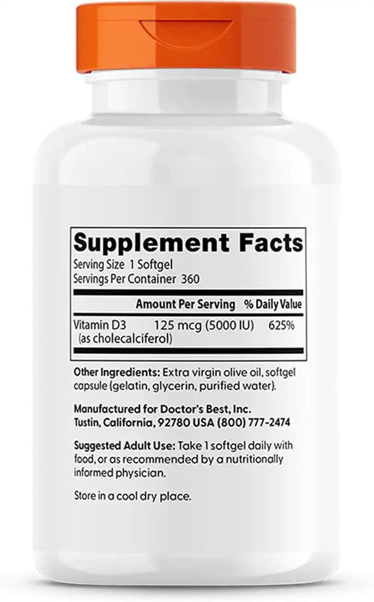 Doctor's BEST Vitamin D3 5000 IU Softgels, VIT D 3, 360 Softgels (2 Pack)