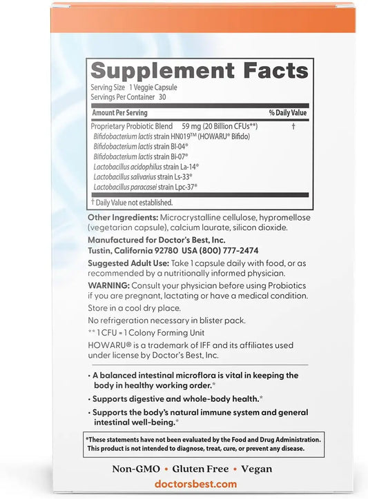 Doctor's BEST Digestive Probiotic Capsules for Women & Men, 30 Veg Caps