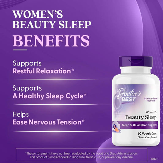 Doctors Best Womens Beauty Sleep with Magnesium, Theanine, Melatonin, Sleep & Relaxation Support, Non-GMO, Gluten Free, Soy Free, Vegan 60 Veggie Caps