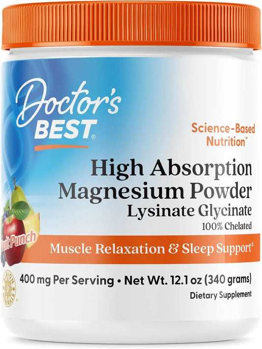 Doctor's Best Magnesium Glycinate Powder, Fruit Punch Flavor, 12.1 oz