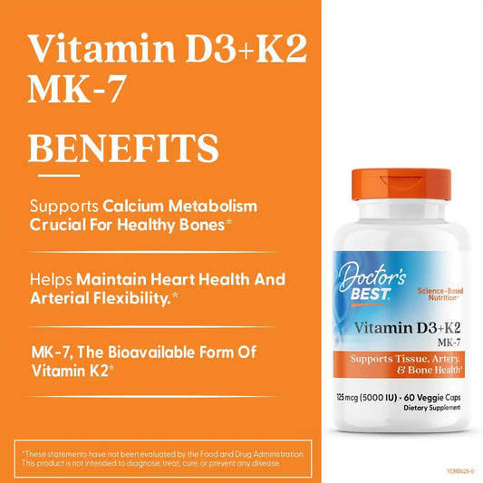 Doctor's BEST Vitamin D3 and K2 Supplement, for Men & Women, 60 Veg Caps