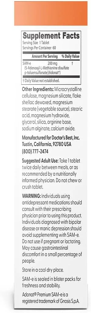 Doctor's Best SAM-e Supplement for Men & Women, 60 Enteric Coated Tablets