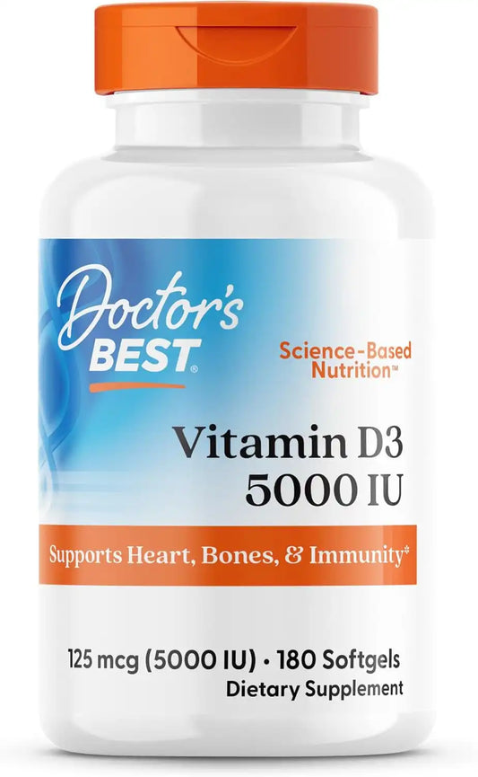 Doctor's Best Vitamin D3 5000 IU Softgels, for Men & Women, 180 Softgels
