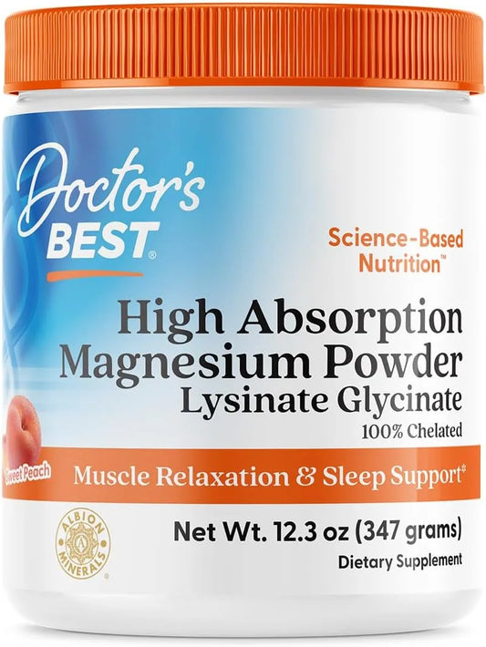 Doctor's Best Magnesium Glycinate Powder, Vegan, Peach Flavor, 12.3 oz