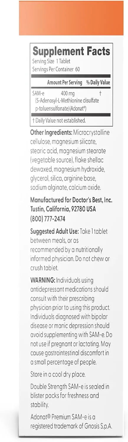 Doctor's Best SAM-e Double Strength Supplement, 60 Enteric Coated Tablets