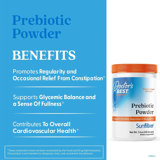 Doctor's Best Prebiotic Powder Supplement with Sunfiber Guar Fiber, 7.4 oz
