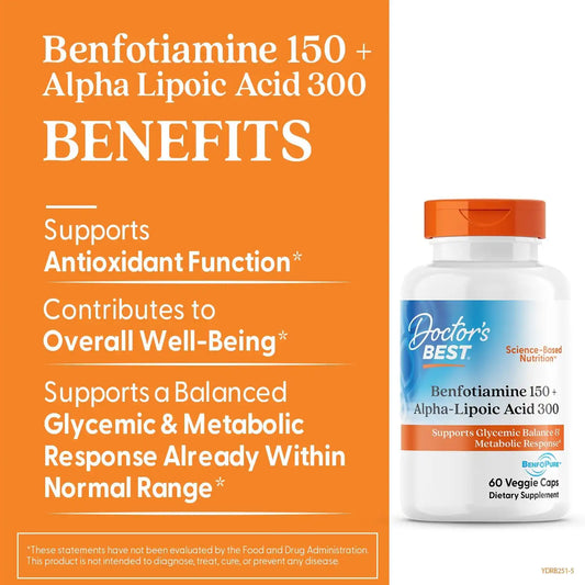 Doctor's Best Benfotiamine Alpha Lipoic Acid (ALA) Supplement, 60 Veg Caps