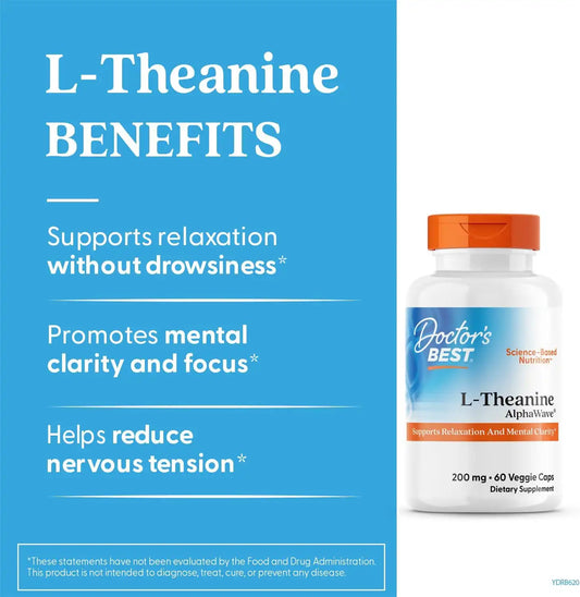 Doctor's Best L-Theanine Caps 200mg, for Men & Women, 60 Veg Capsules
