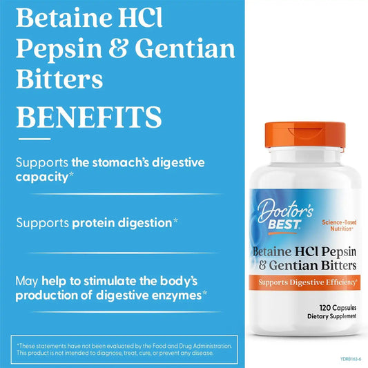 Doctor's Best Betaine HCl Pepsin & Gentian Bitters Supplement, 120 Capsules