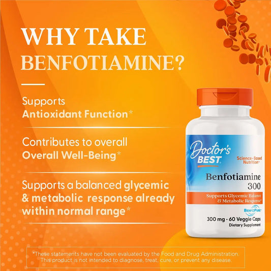 Doctor's Best Benfotiamine 300mg Supplement, Non GMO, Vegan, 60 Veggie Caps