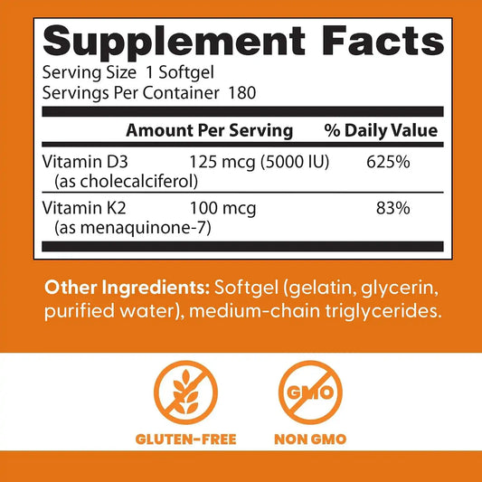 Doctor's BEST Vitamin D3 and K2 Supplement for Men & Women - 180 Softgels