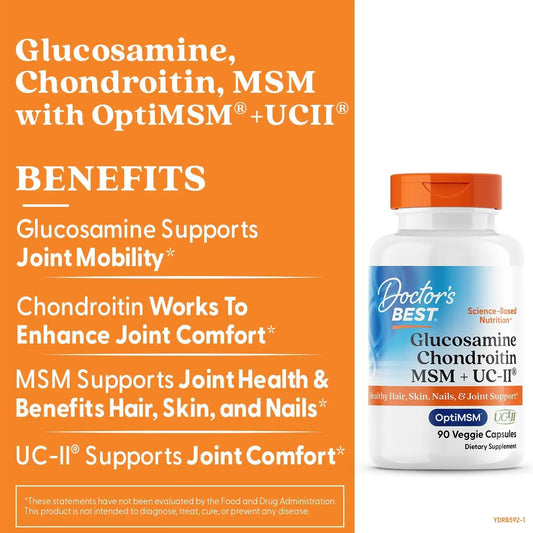 Doctor's Best Glucosamine Chondroitin MSM + UC-II, Non GMO, 90 Veg Capsules