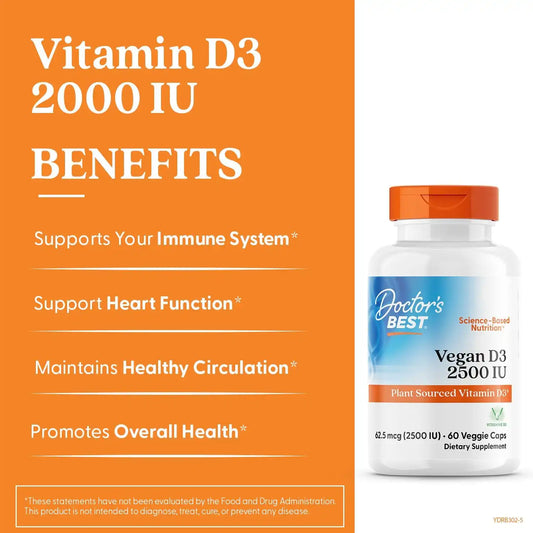 Doctor's BEST Vegan Vitamin D3 2500 IU Veg Caps, 60 Veggie Capsules