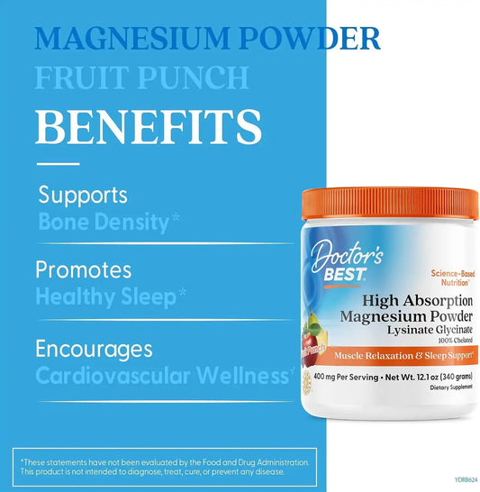 Doctor's Best Magnesium Glycinate Powder, Fruit Punch Flavor, 12.1 oz