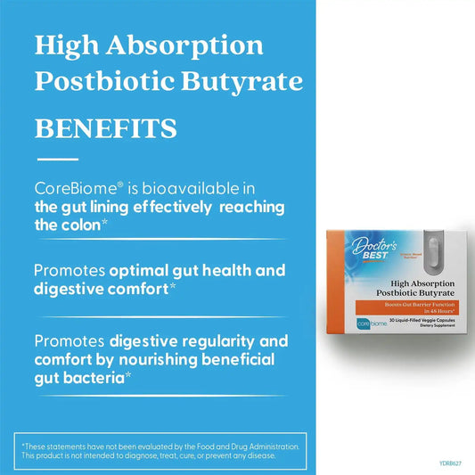 Doctor's BEST Postbiotic Butyrate Gut Health, Vegan, 30 Liquid Veggie Caps