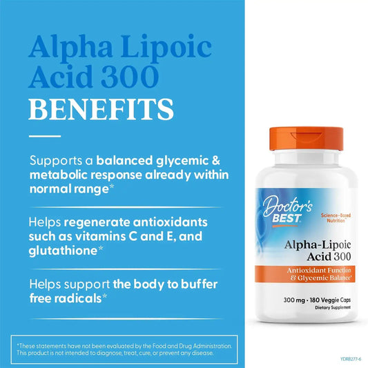 Doctor's BEST Alpha Lipoic Acid Supplement 300mg, Non GMO, 180 Veg Capsules