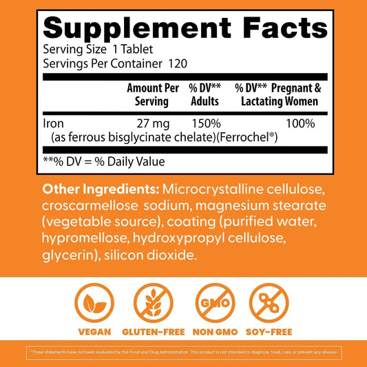 Doctor's Best Chelated Iron Supplement with Ferrochel, 27 mg, 120 Tablets
