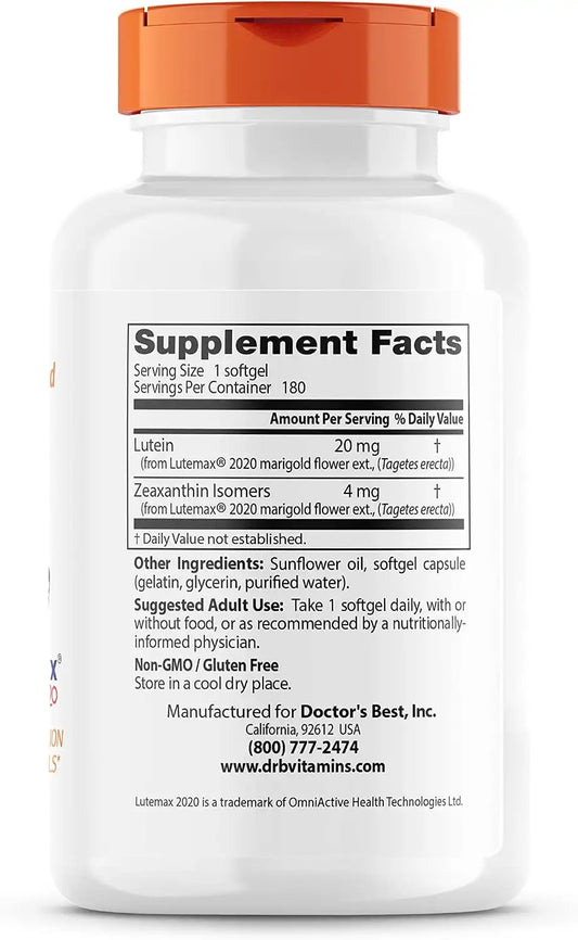 Doctor's Best Lutein Supplement 20mg with Zeaxanthin, 180 Softgels